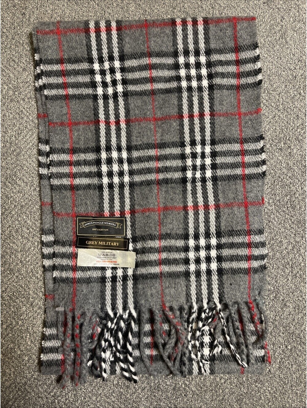 James Pringle Weavers Scarf Light Grey Plaid Royal Stewart 100% Acrylic